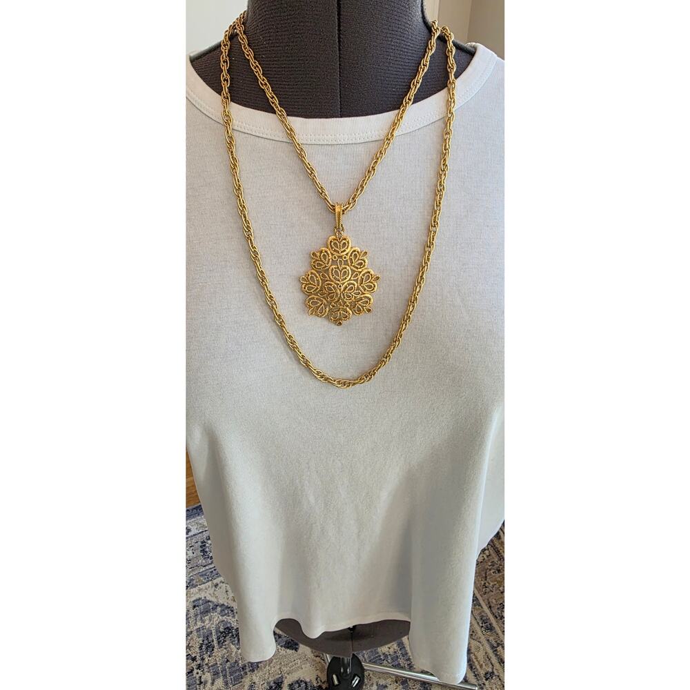 Trifari Statement Signed Vintage Double Strand Filigree Pendent Necklace*